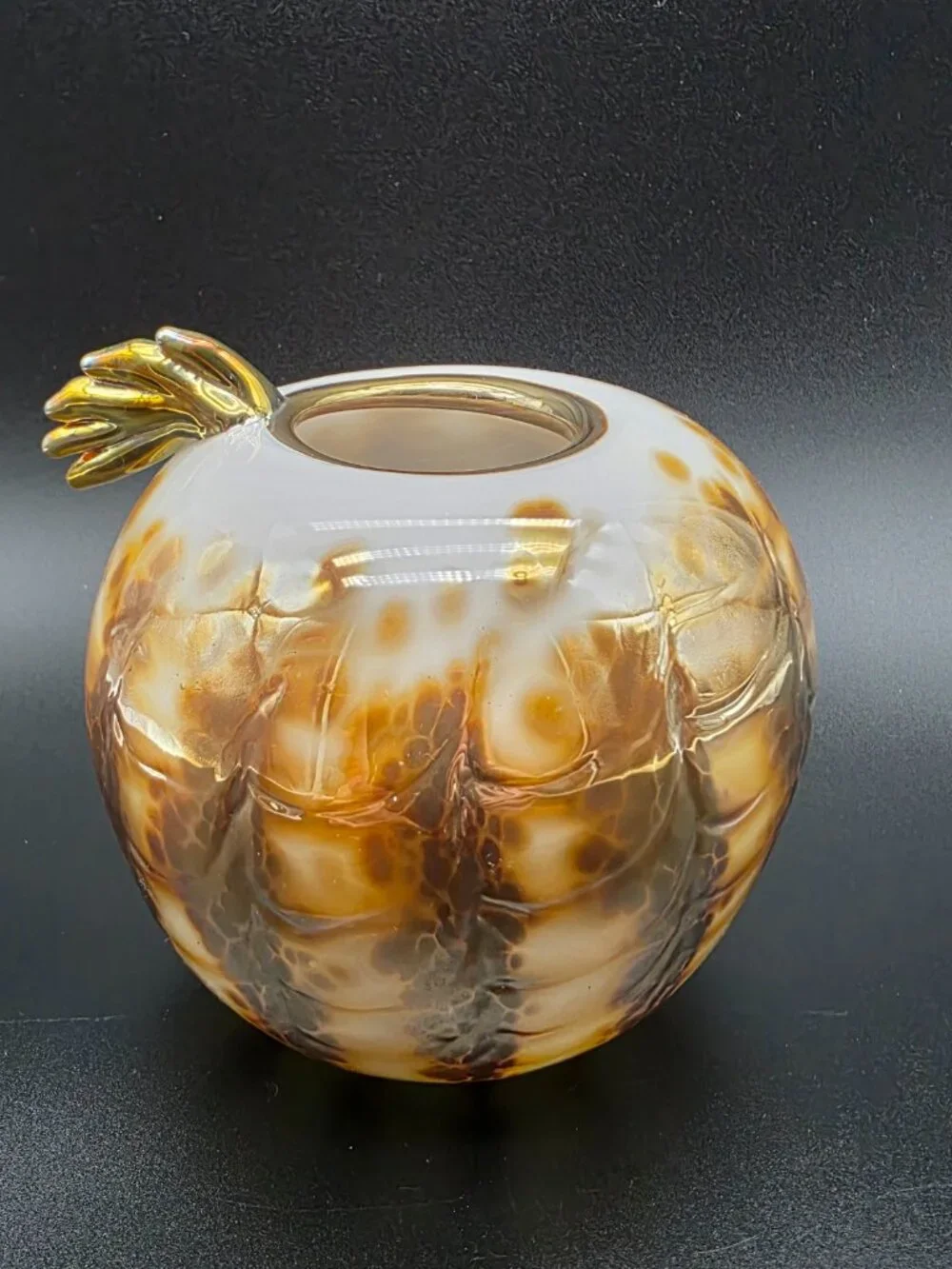 Whimsical Art Glass Vase handmade gold & cream Glass Signed Unique Asymmetrical